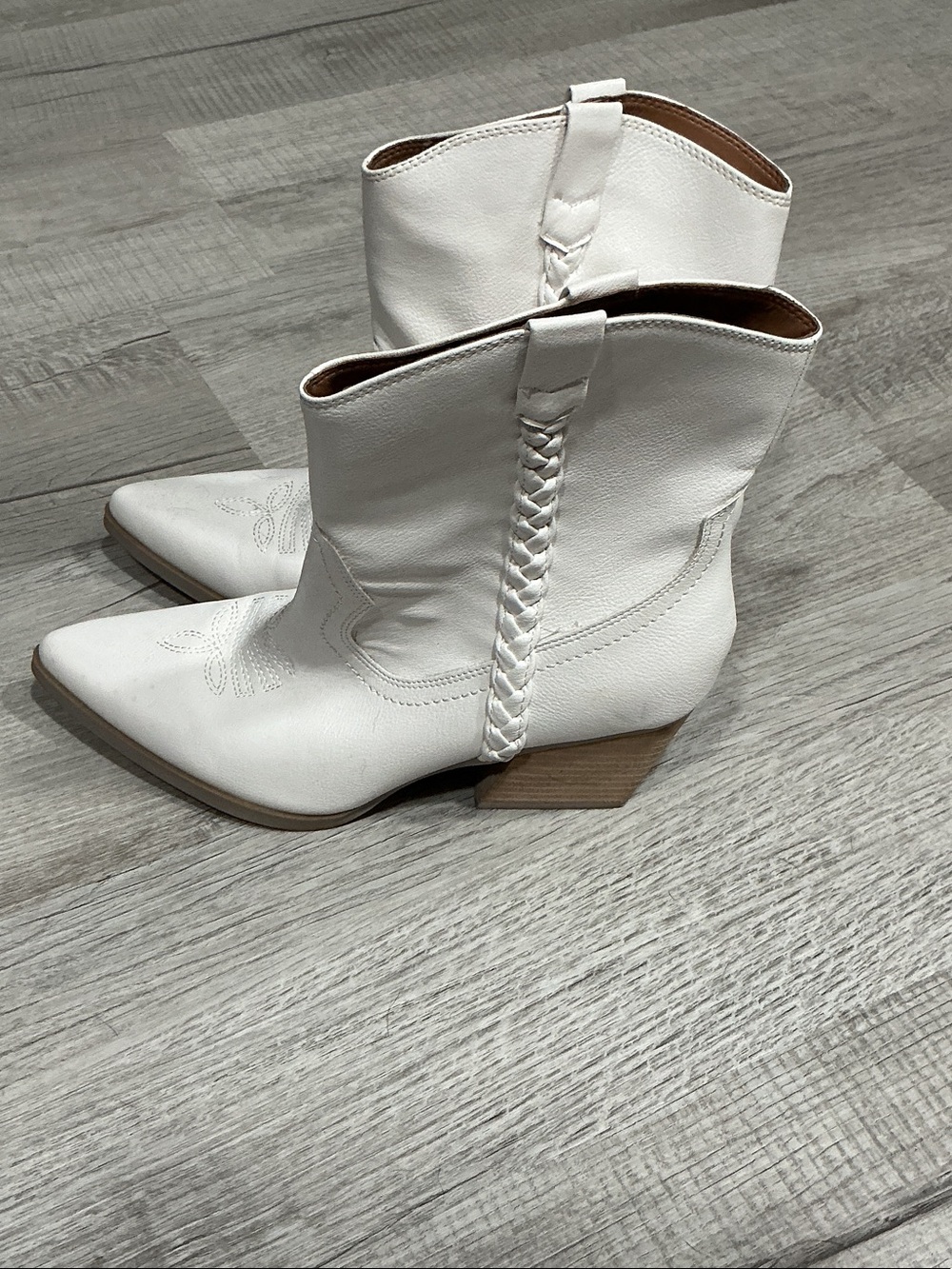 Cream Braided Western Ankle Boots